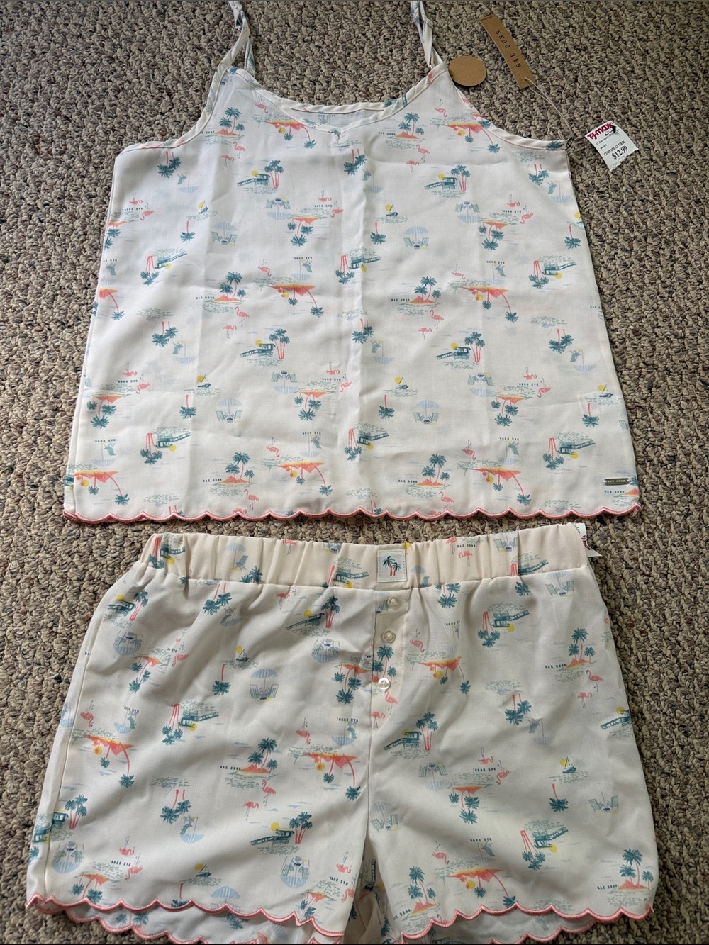 Rae Dunn Cream Tropical Print Pajama Tank & Shorts with Pink Trim